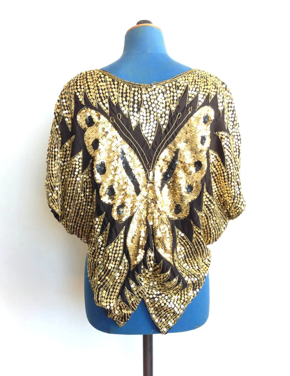 1980s Sequin Butterfly Top Gold Black Silk