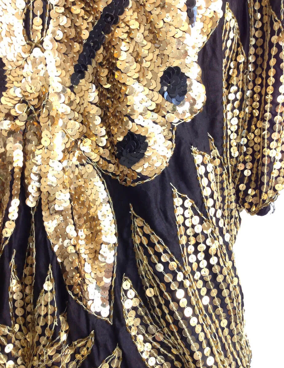 1980s Sequin Butterfly Top Gold Black Silk