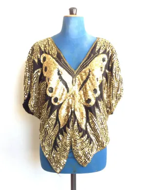 1980s Sequin Butterfly Top Gold Black Silk