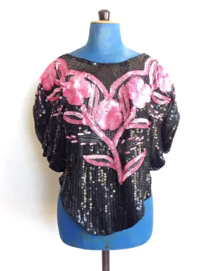 1980s Sequin Top Black Pink Flowers