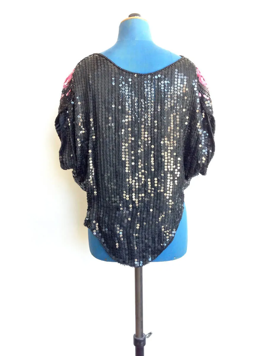 1980s Sequin Top Black Pink Flowers
