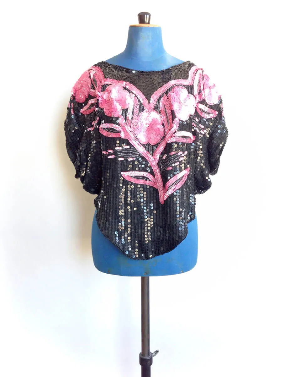 1980s Sequin Top Black Pink Flowers