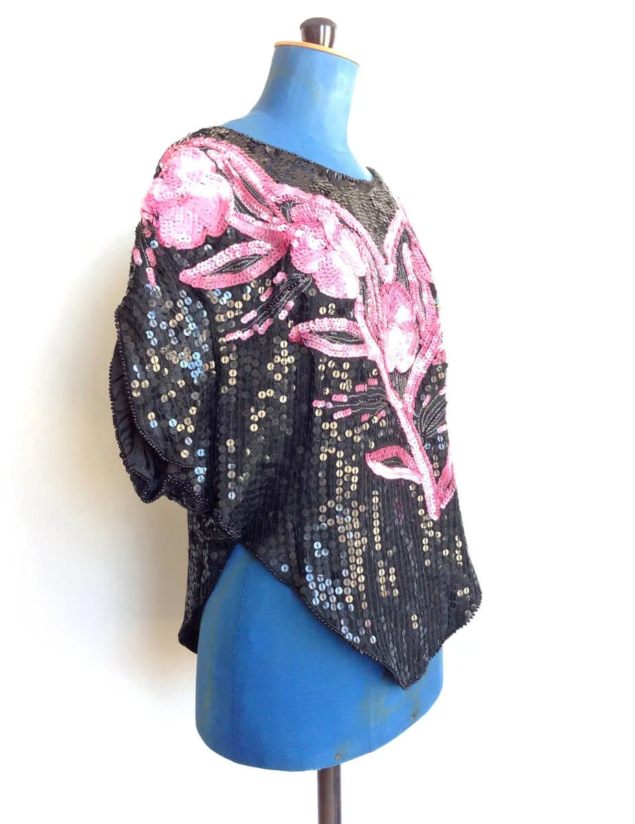 1980s Sequin Top Black Pink Flowers