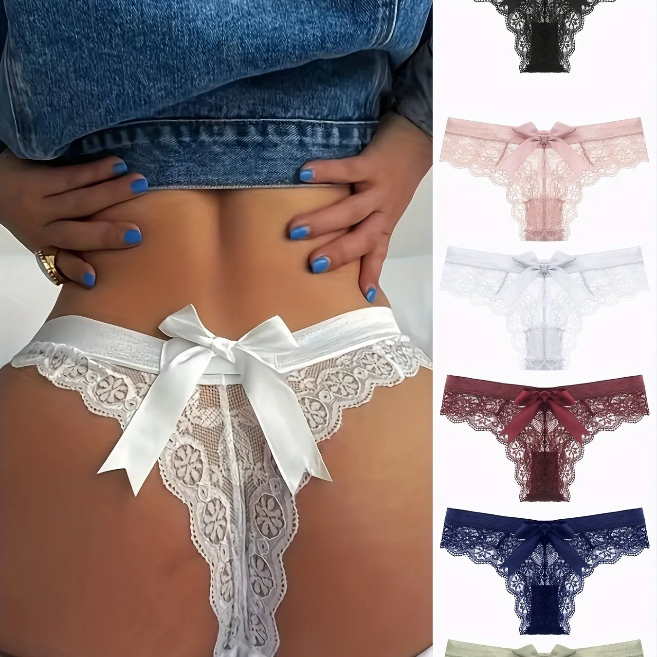 6pcs Women's Floral Lace Thong Underwear - Low-Rise, Breathable, Seamless V-String Panties with Bow Detail