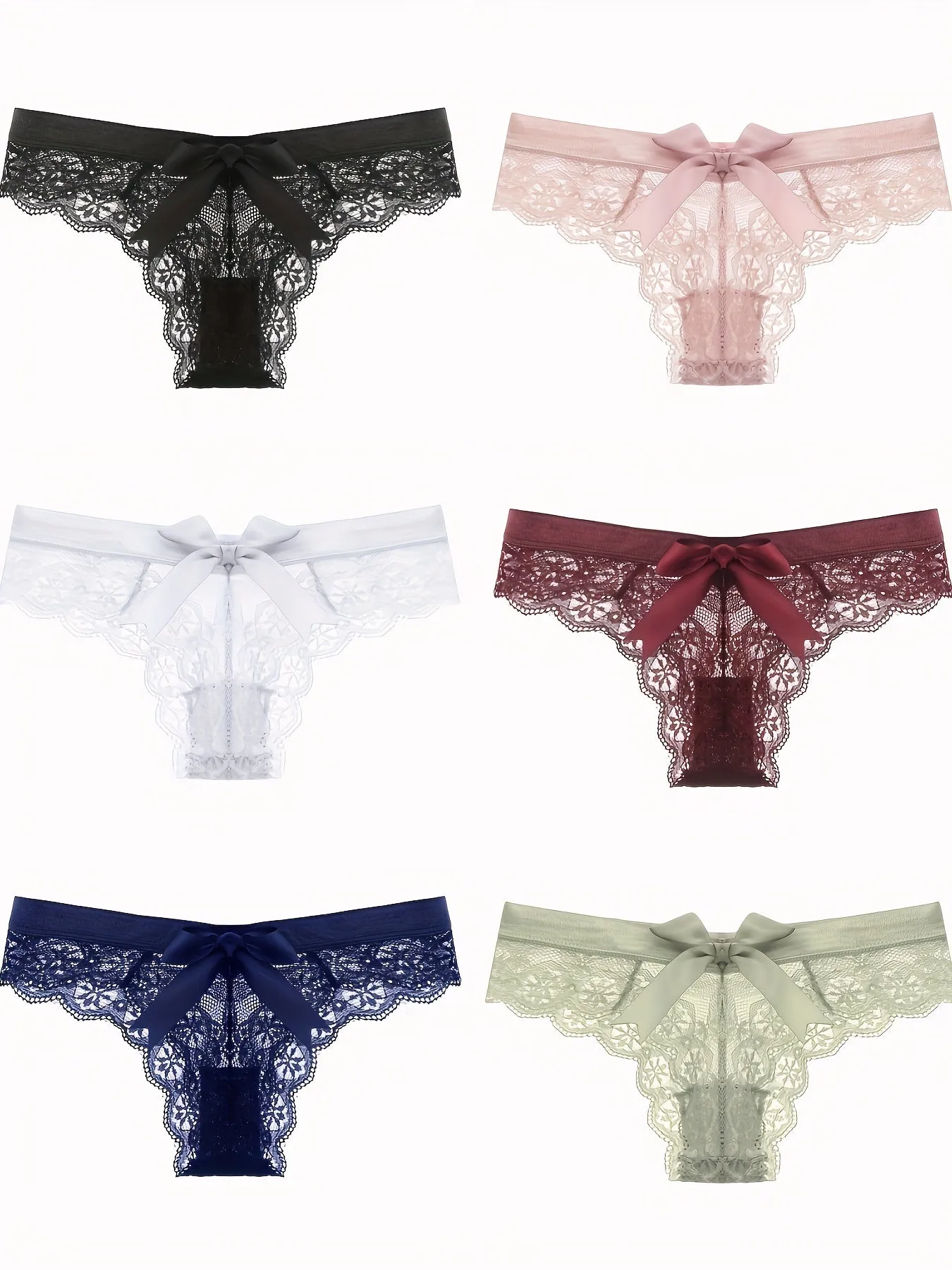 6pcs Women's Floral Lace Thong Underwear - Low-Rise, Breathable, Seamless V-String Panties with Bow Detail