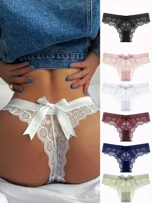 6pcs Women's Floral Lace Thong Underwear - Low-Rise, Breathable, Seamless V-String Panties with Bow Detail