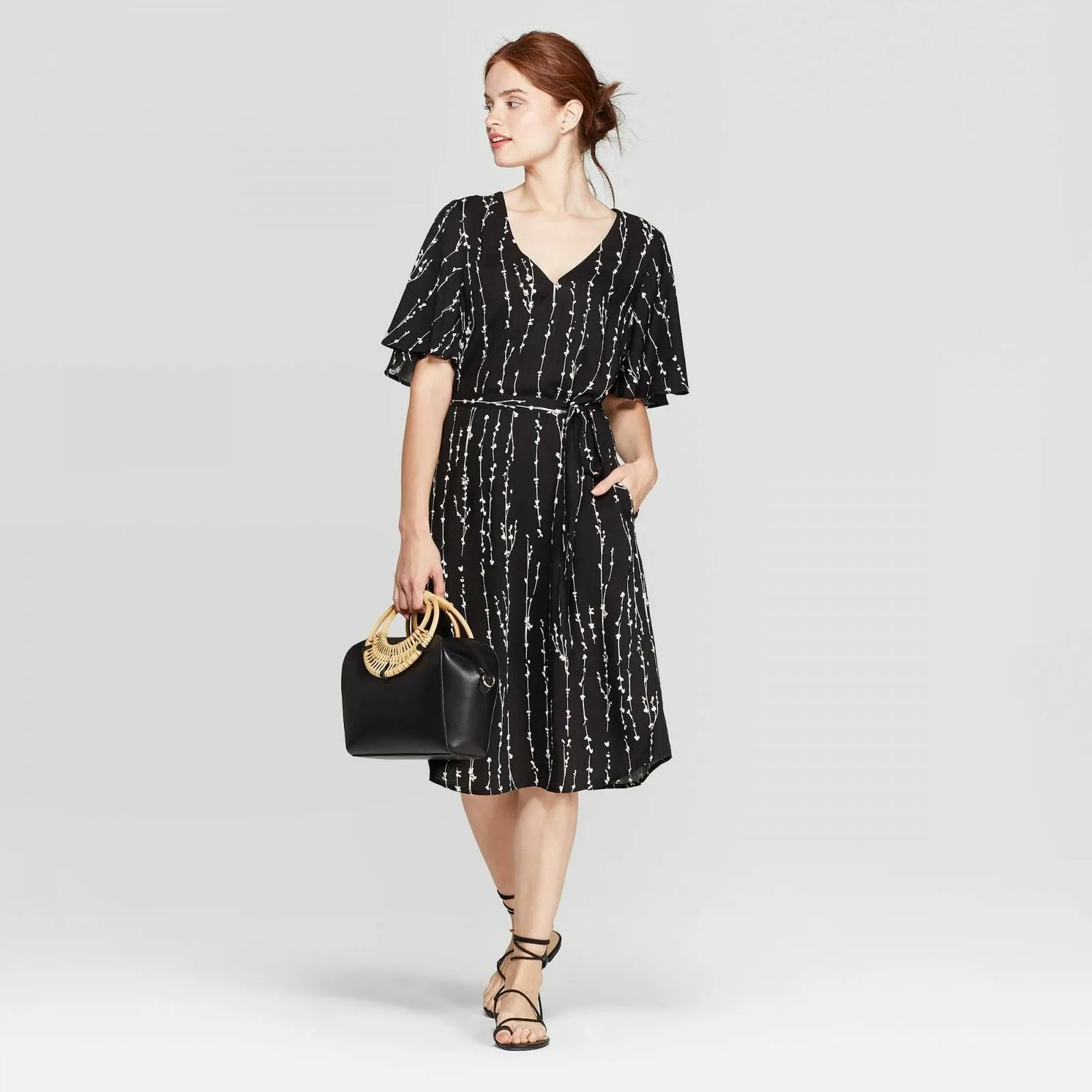 A New Day Women's V Neck Tie Front Belted Dress Black Small