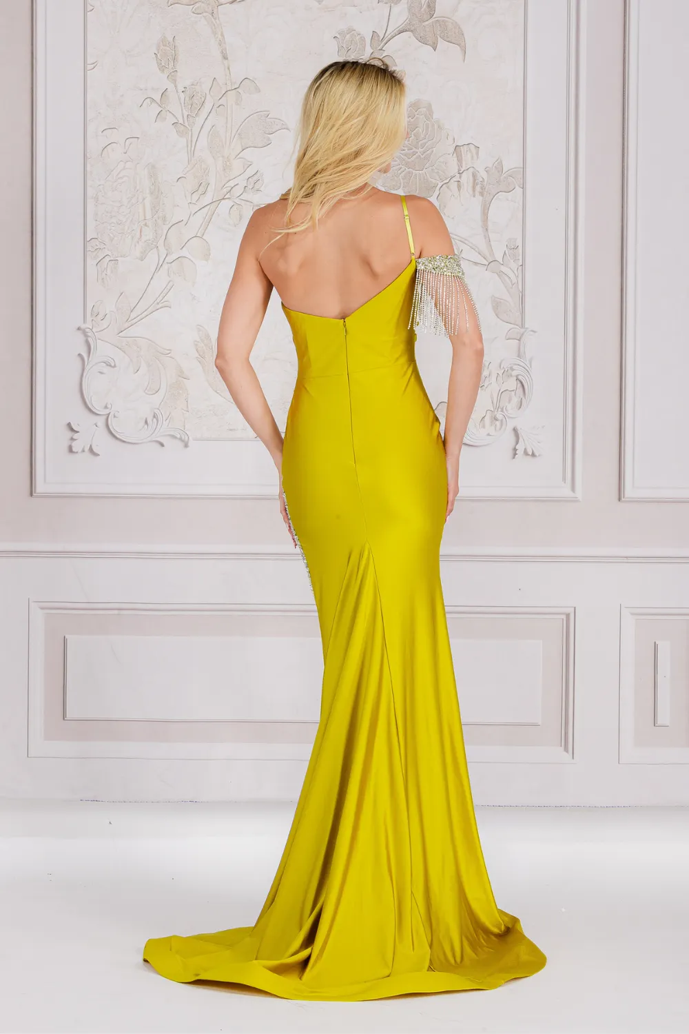 AC 3017 - Crystal Accented One Shoulder Stretch Satin Fit & Flare Prom Gown with Leg Slit