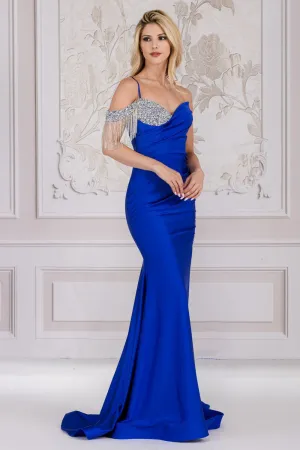 AC 3017 - Crystal Accented One Shoulder Stretch Satin Fit & Flare Prom Gown with Leg Slit