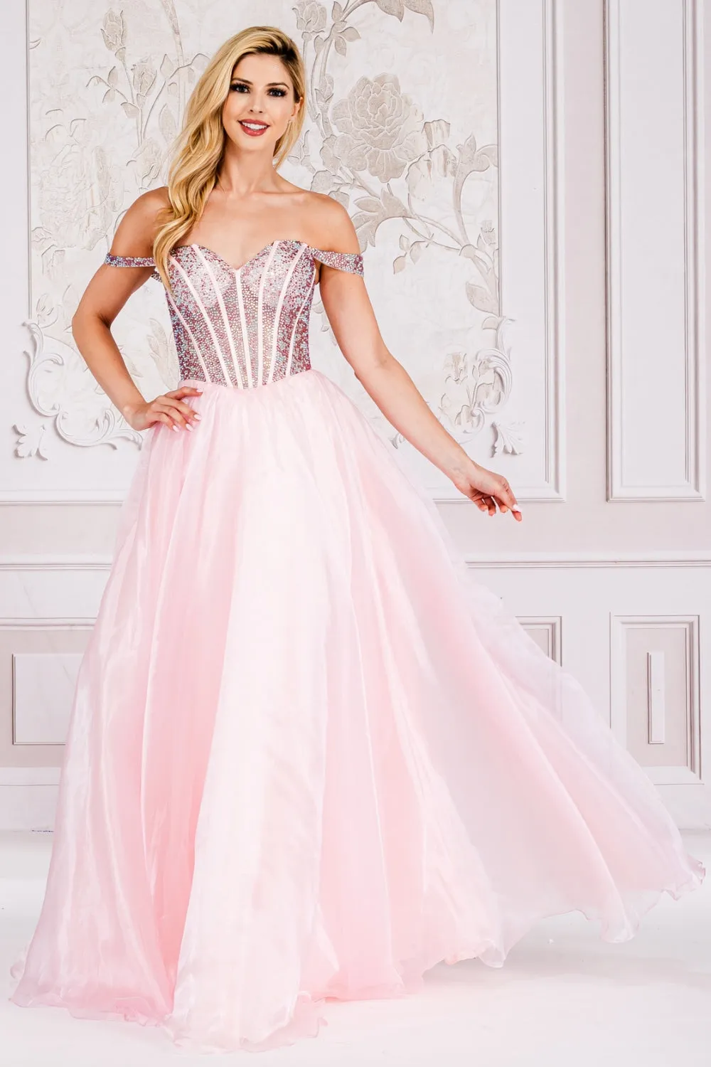 AC 7040 - Off The Shoulder A-Line Prom Gown With Bead Embellished Boned Bodice & Lace Up Corset Back
