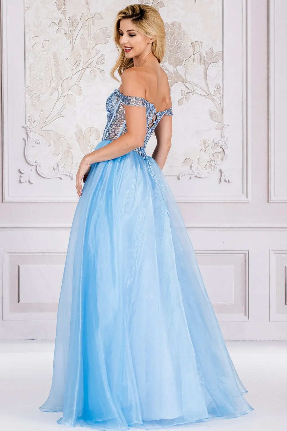 AC 7040 - Off The Shoulder A-Line Prom Gown With Bead Embellished Boned Bodice & Lace Up Corset Back