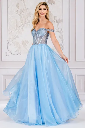 AC 7040 - Off The Shoulder A-Line Prom Gown With Bead Embellished Boned Bodice & Lace Up Corset Back