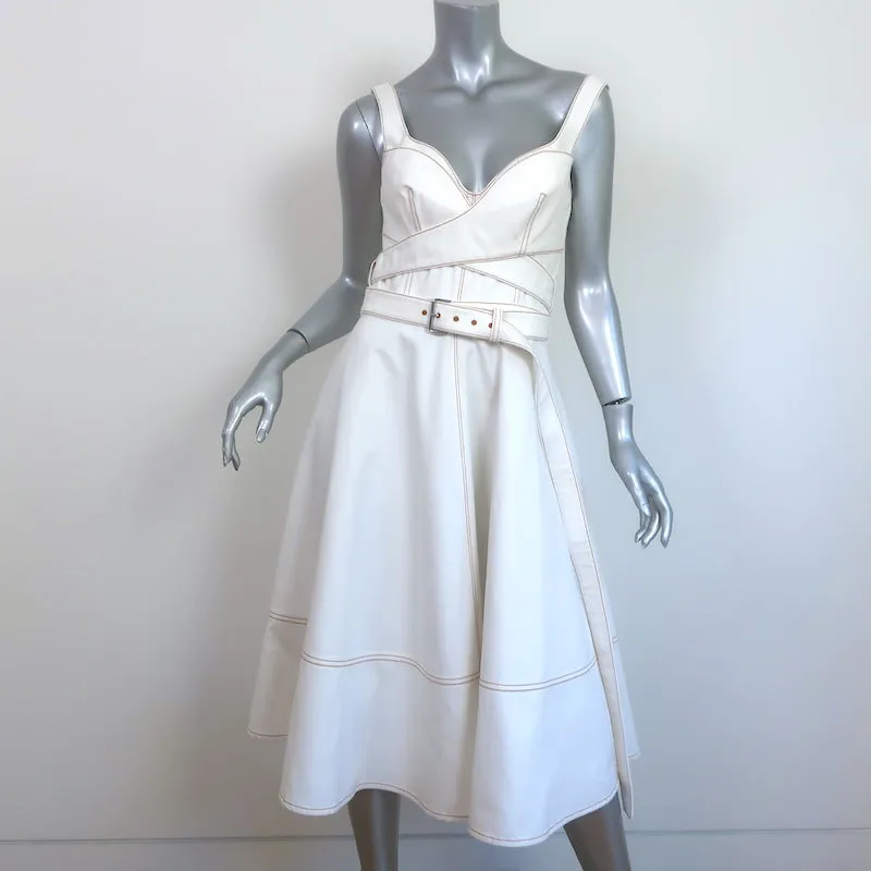 Alexander McQueen Belted Midi Dress White Denim Size 42