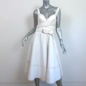 Alexander McQueen Belted Midi Dress White Denim Size 42
