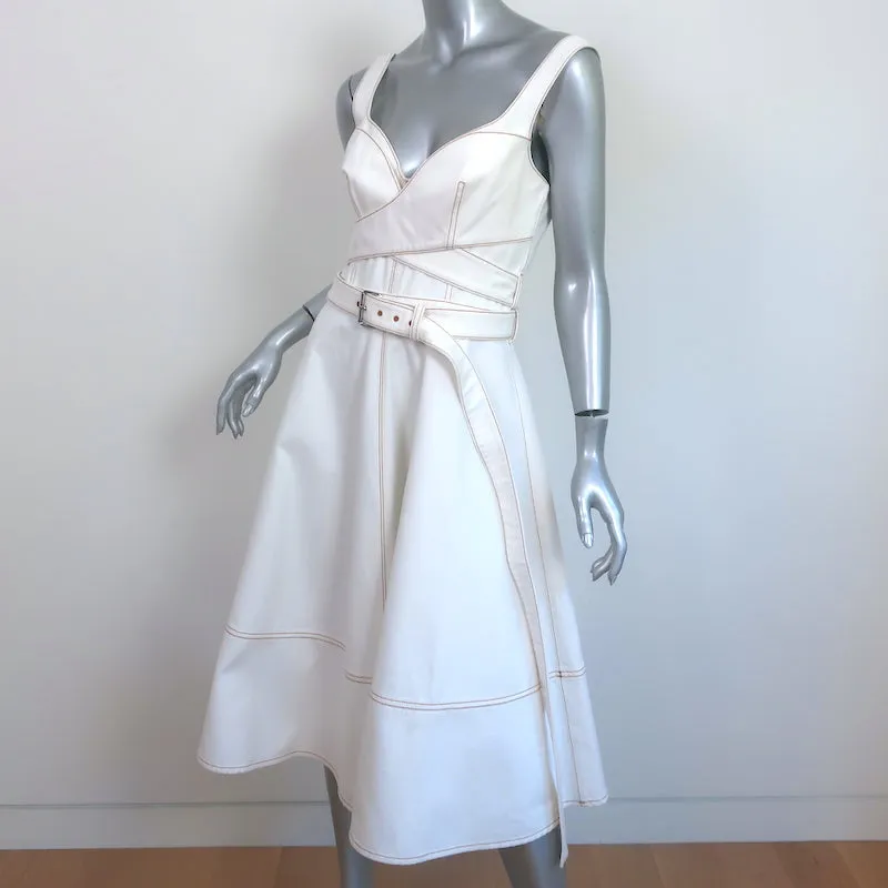 Alexander McQueen Belted Midi Dress White Denim Size 42