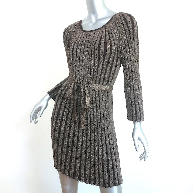 Alice   Olivia Belted Mini Dress Gold/Brown Metallic Ribbed Knit Size Medium