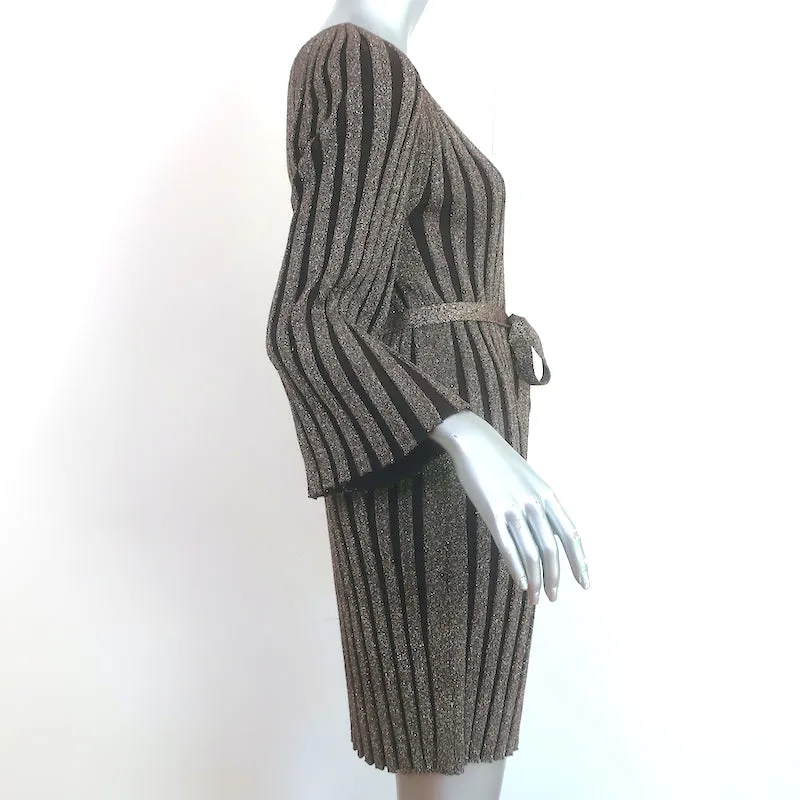 Alice   Olivia Belted Mini Dress Gold/Brown Metallic Ribbed Knit Size Medium
