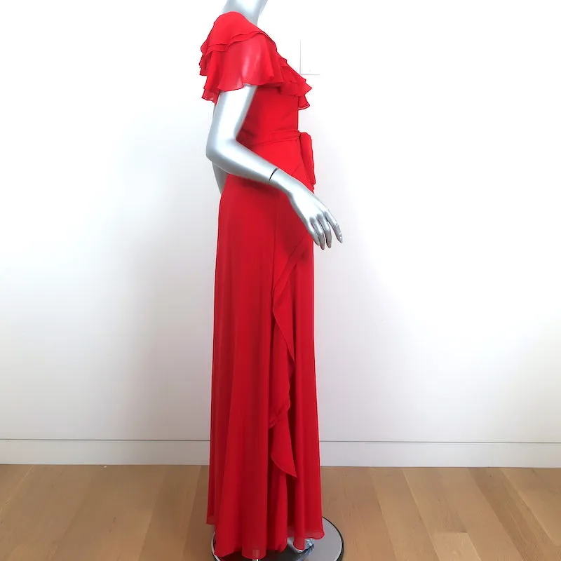 Badgley Mischka Belted Maxi Dress Red Ruffled Chiffon Size 0 Flutter Sleeve NEW