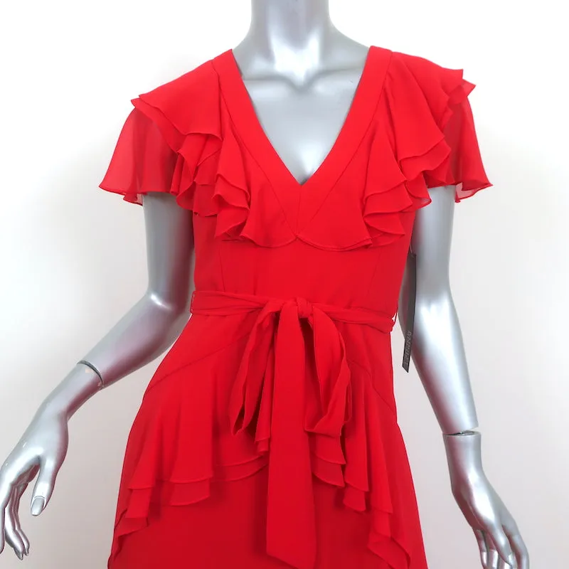 Badgley Mischka Belted Maxi Dress Red Ruffled Chiffon Size 0 Flutter Sleeve NEW