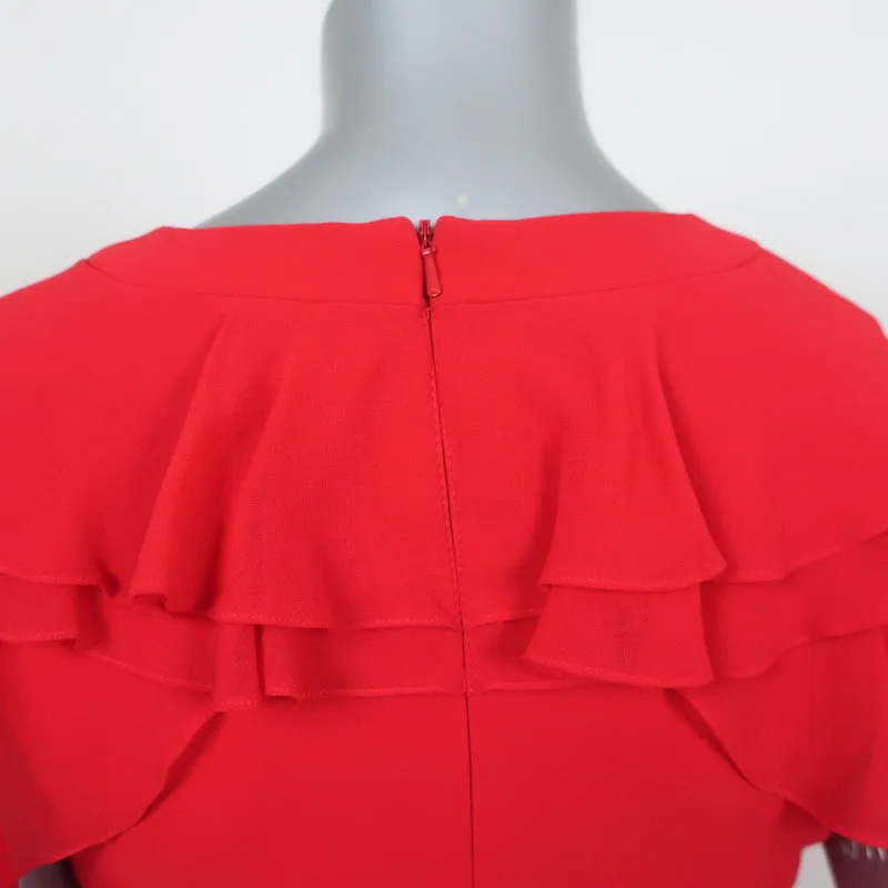 Badgley Mischka Belted Maxi Dress Red Ruffled Chiffon Size 0 Flutter Sleeve NEW