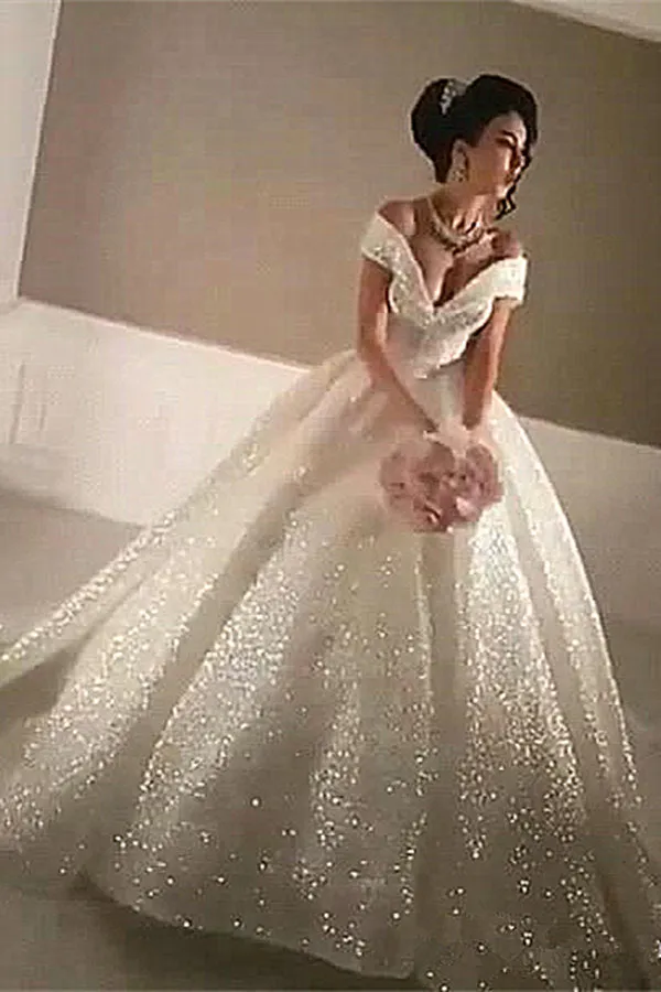 Ball Gown Off-the-Shoulder Sequined Floor-length Sleeveless Wedding Dress