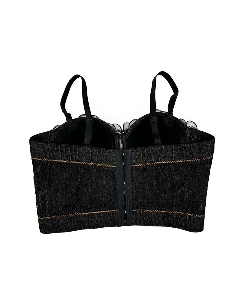 Beaded Flowers Denim Fishbone Corset