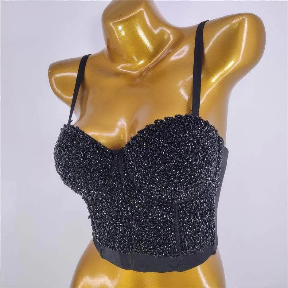 Beaded Rhinestone Push-Up Bustier Bralette Top