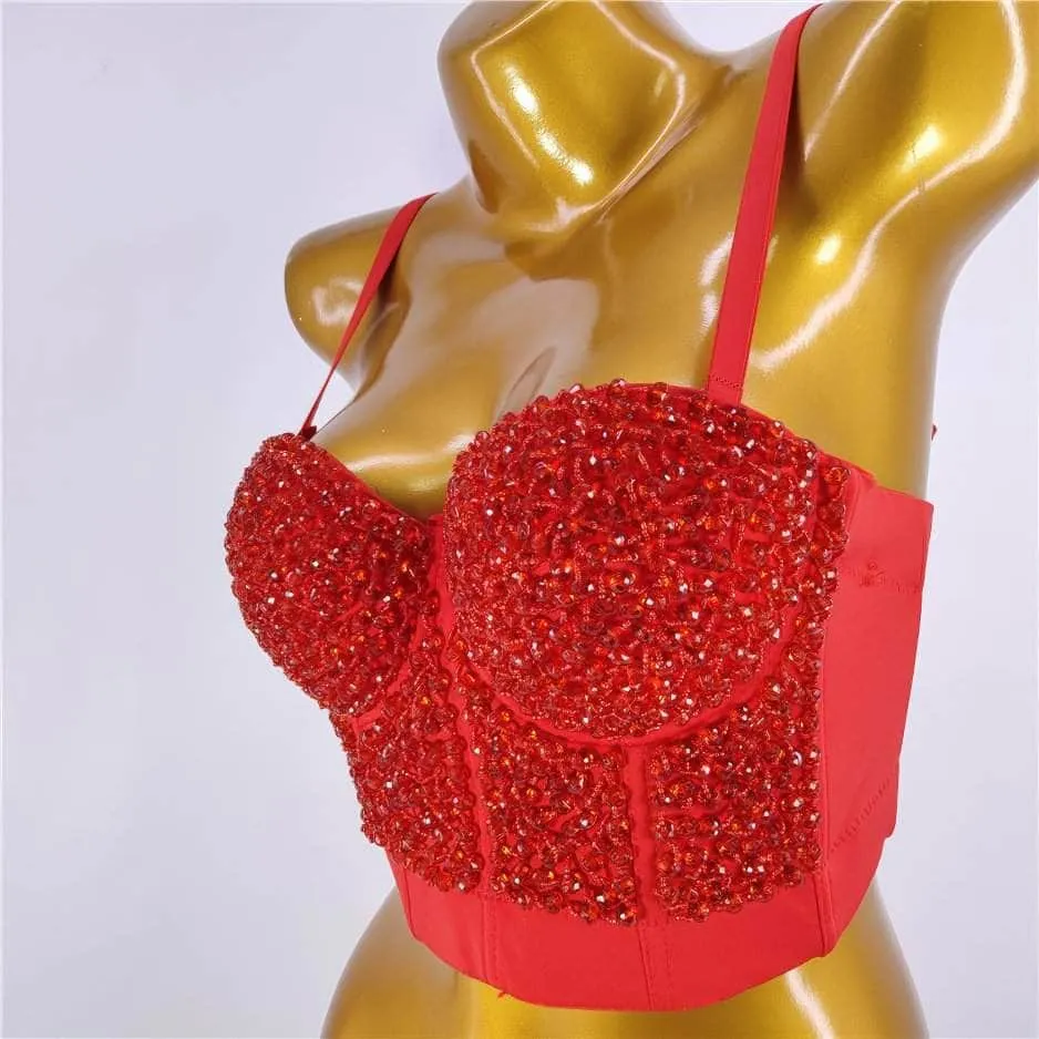 Beaded Rhinestone Push-Up Bustier Bralette Top