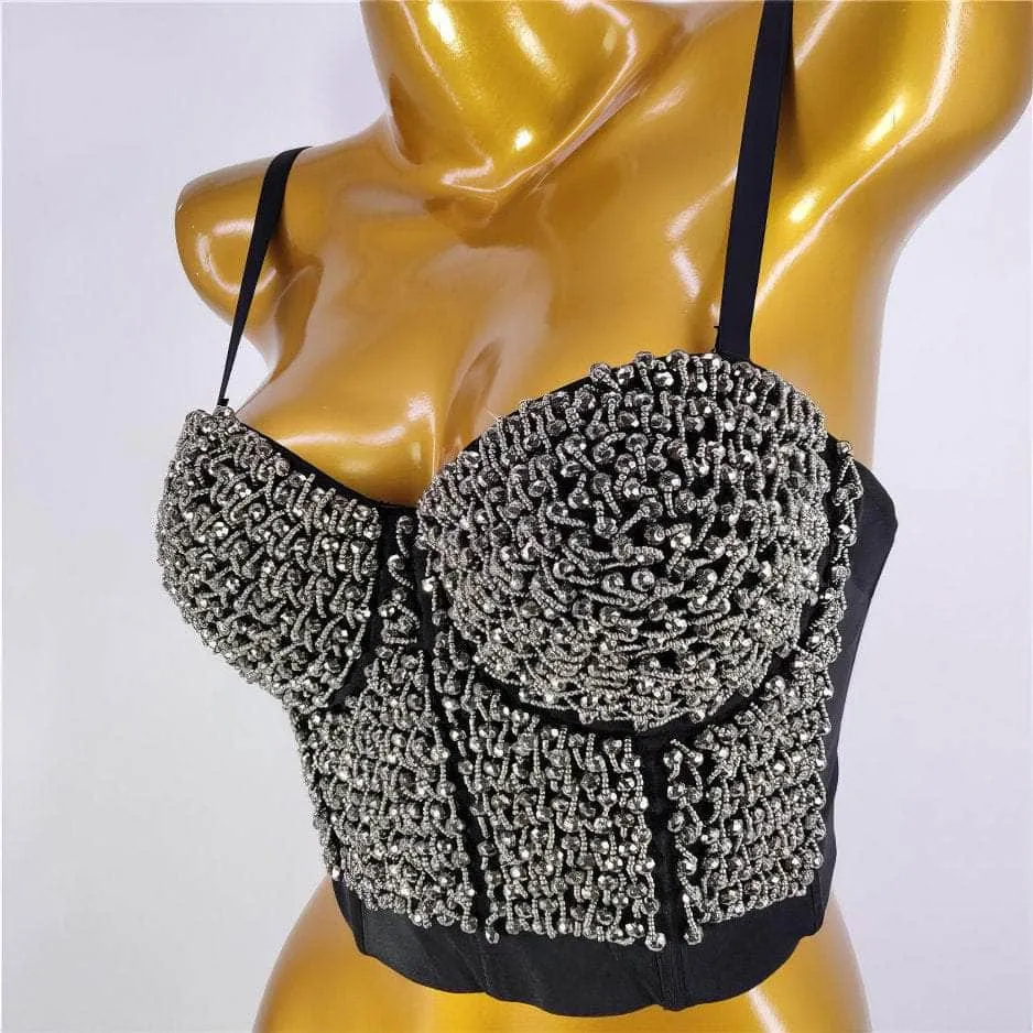 Beaded Rhinestone Push-Up Bustier Bralette Top