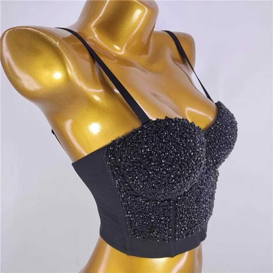 Beaded Rhinestone Push-Up Bustier Bralette Top