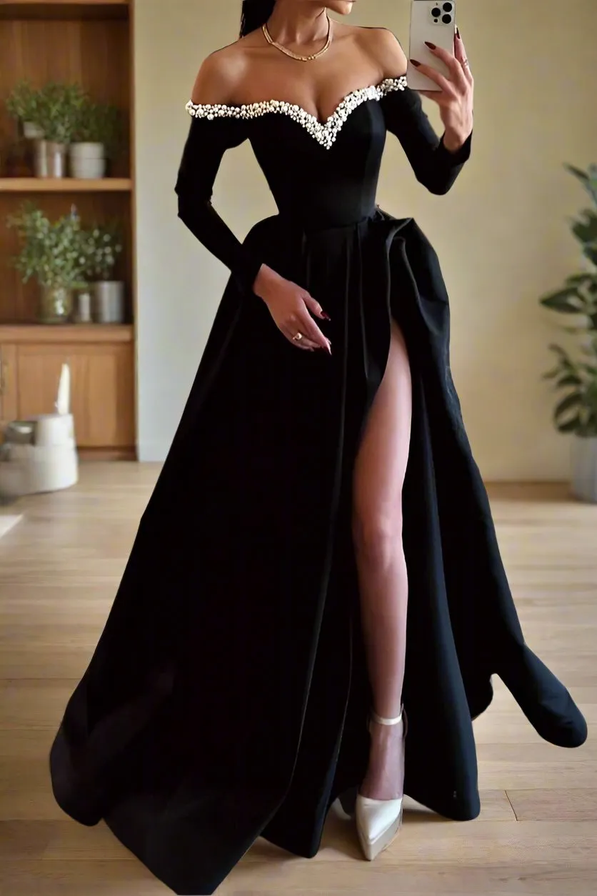 Beading Black Off-The-Shoulder Long Prom Dresses with High Split
