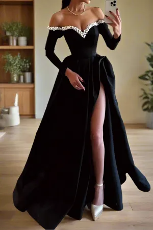 Beading Black Off-The-Shoulder Long Prom Dresses with High Split
