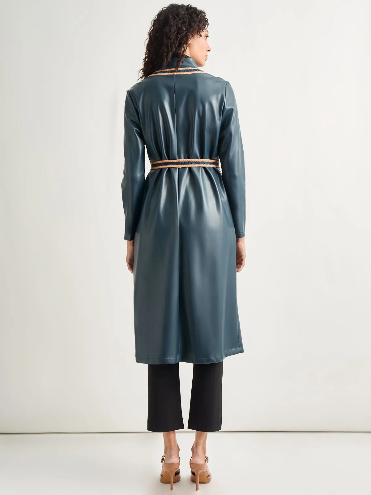 Belted Long Vegan Leather Jacket