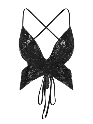 Black 1960s Sequined Beading Lace-Up Butterfly Top