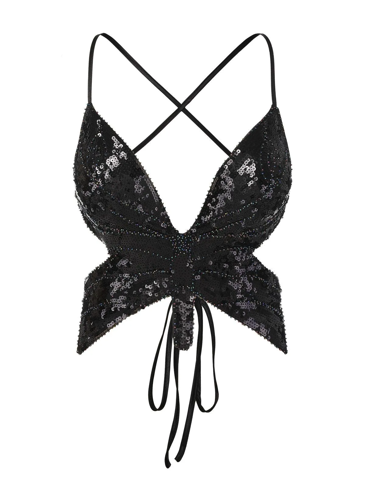 Black 1960s Sequined Beading Lace-Up Butterfly Top