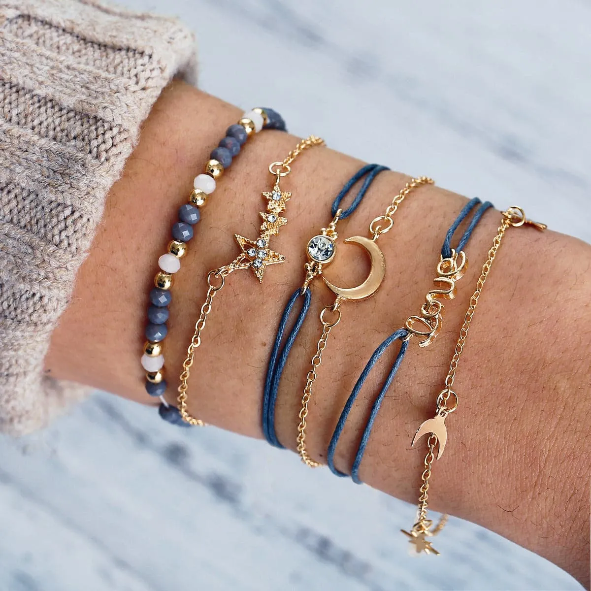 Blue Cubic Zirconia & 18K Gold-Plated Celestial Bracelet Set
