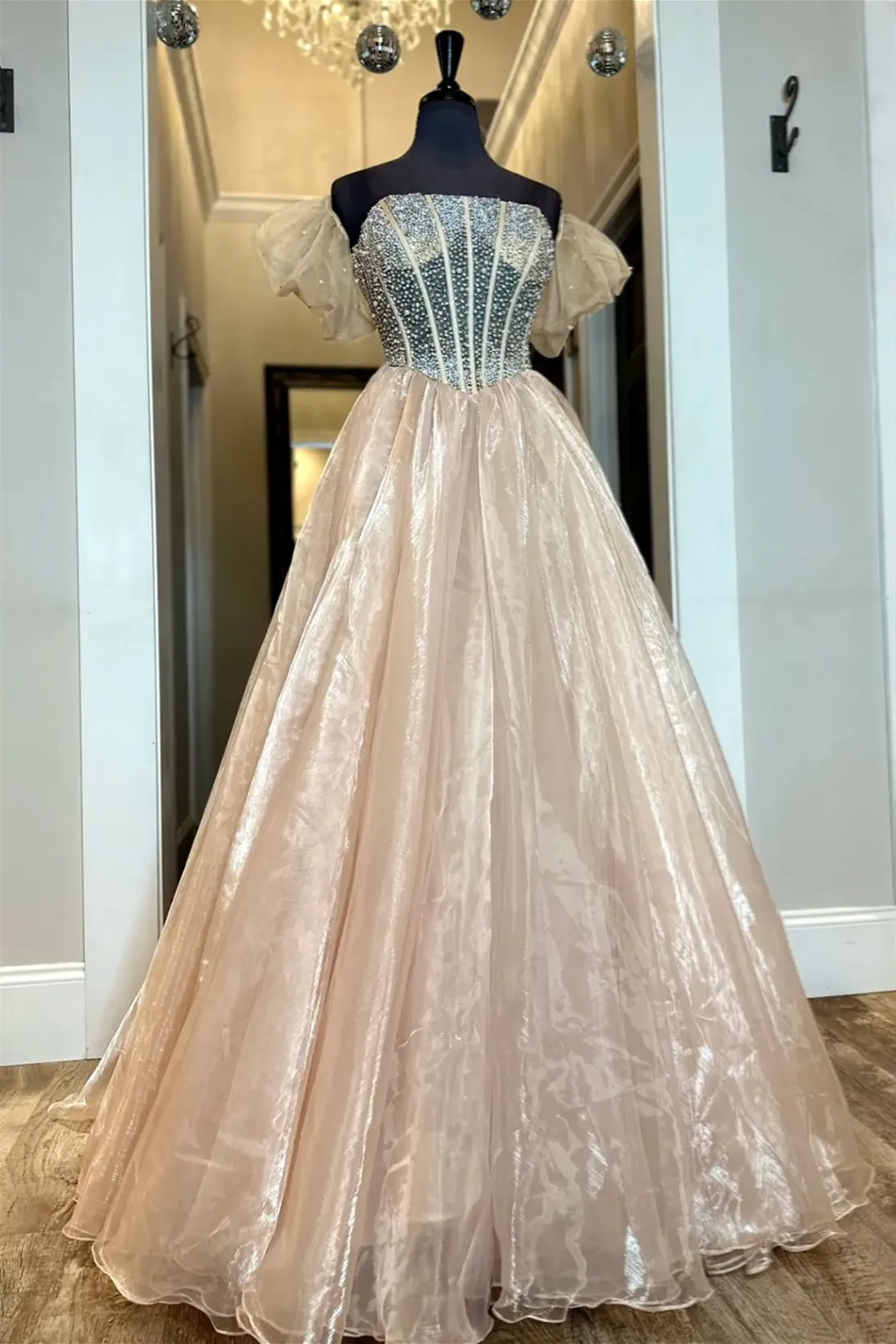 Blush Pink Puff Off-the-Shoulder Beaded Organza Long Prom Dress