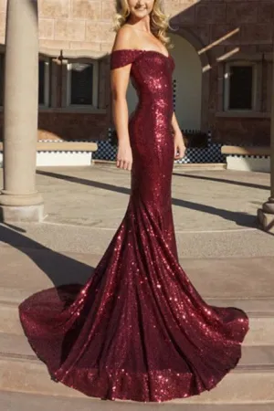 Burgundy Mermaid Sequined Off the Shoulder Prom Dresses,Long Evening Dress OK847