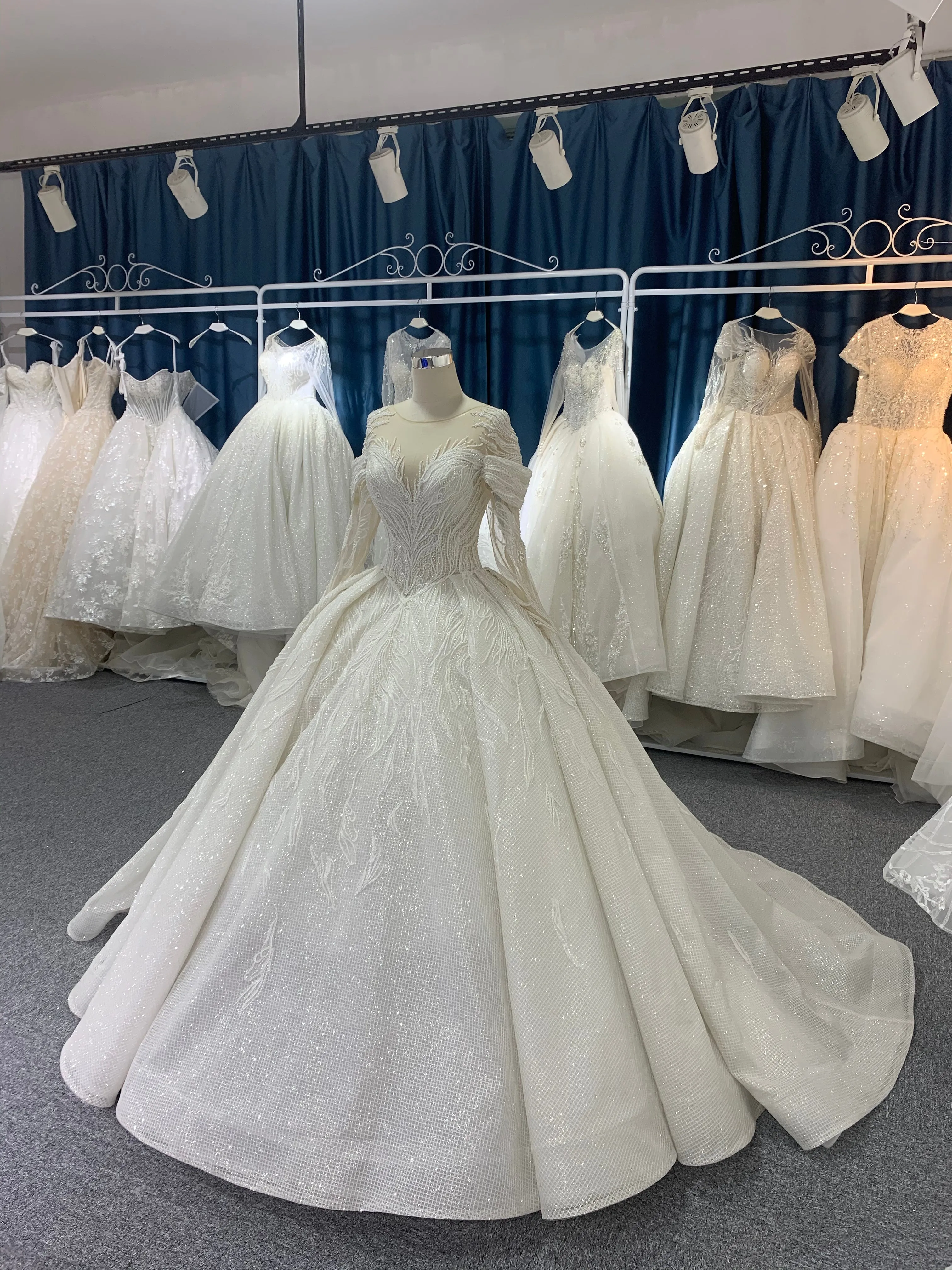 BYG long sleeves off the shoulder beaded wedding ball gown