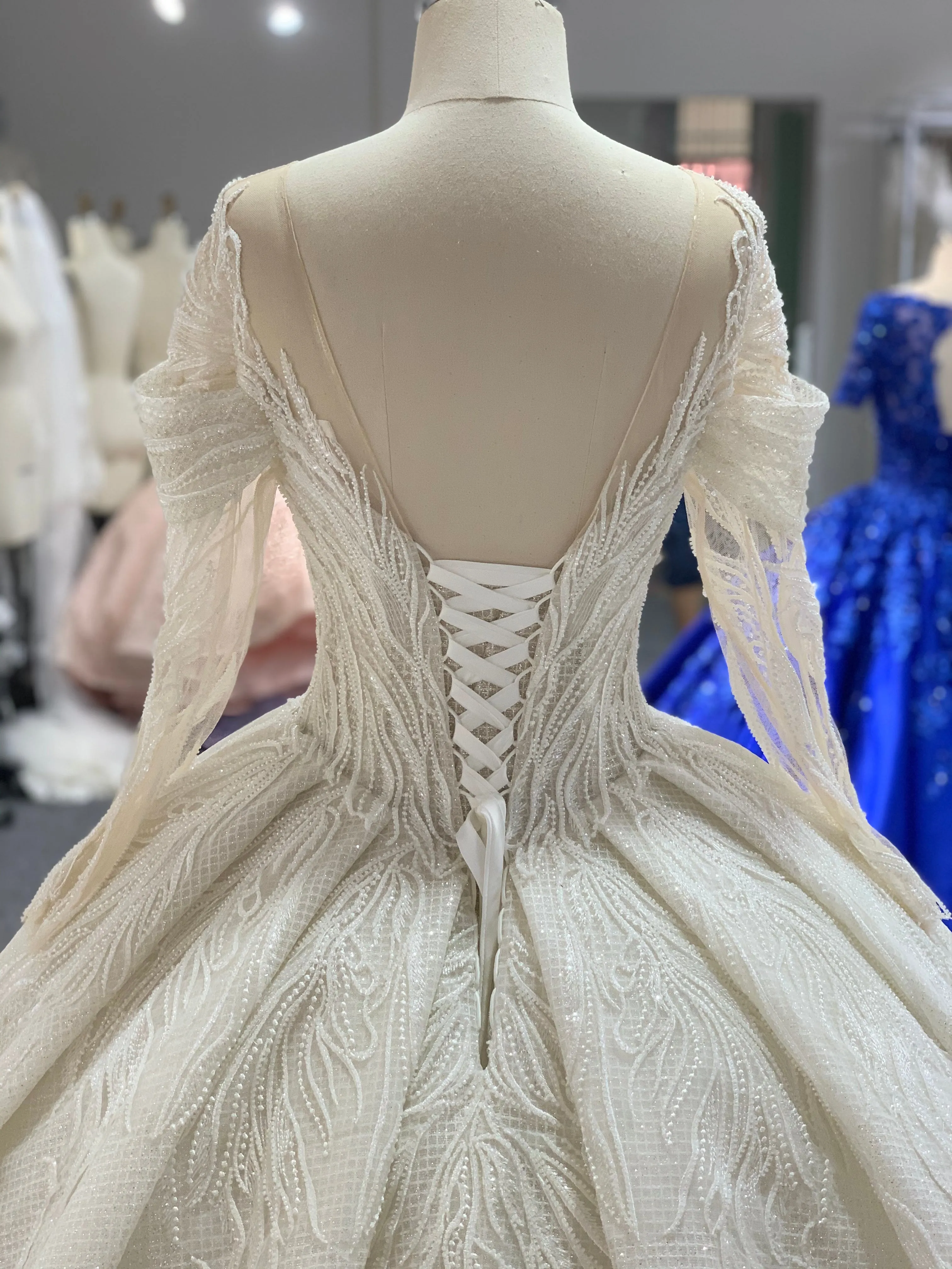 BYG long sleeves off the shoulder beaded wedding ball gown