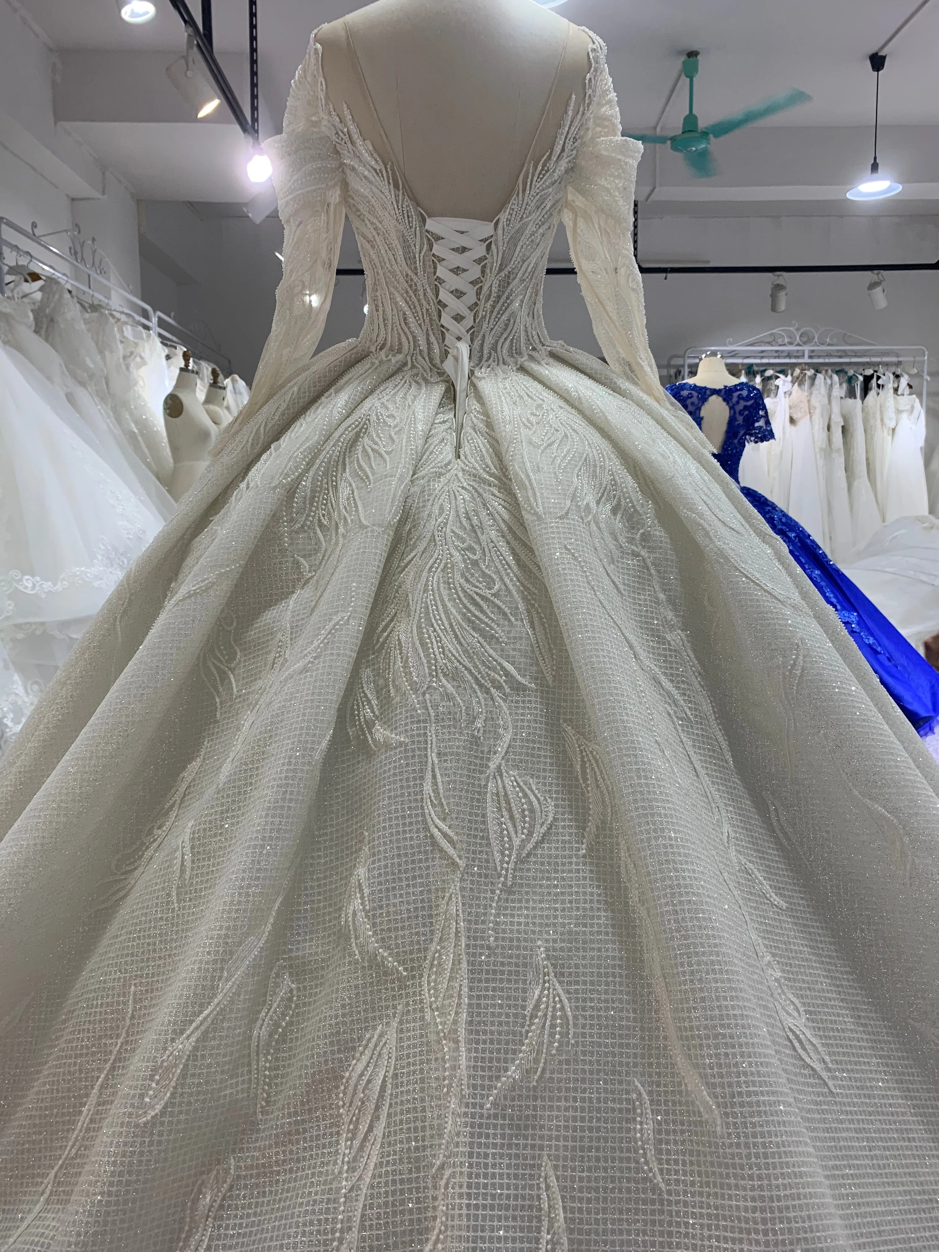 BYG long sleeves off the shoulder beaded wedding ball gown