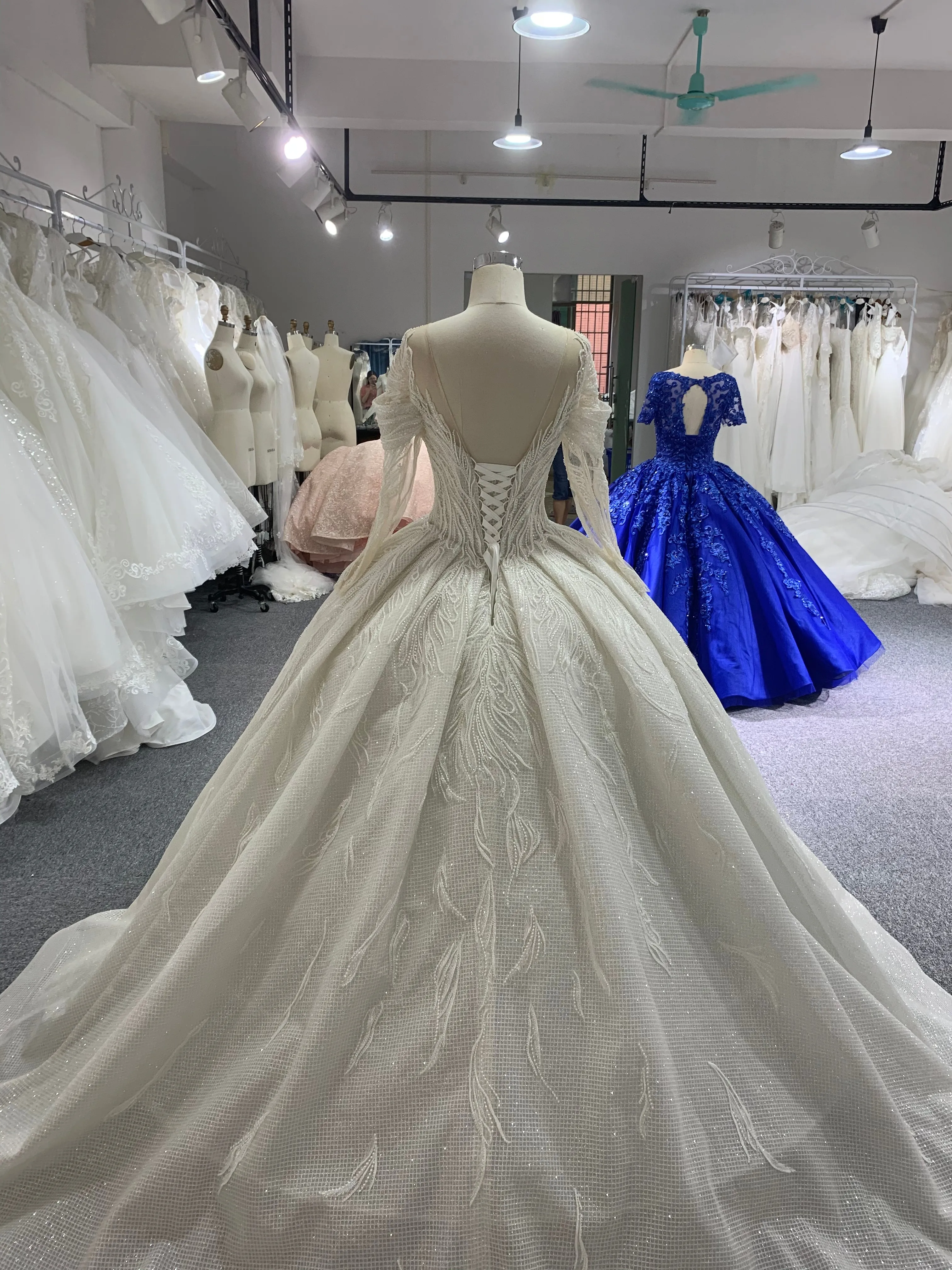 BYG long sleeves off the shoulder beaded wedding ball gown
