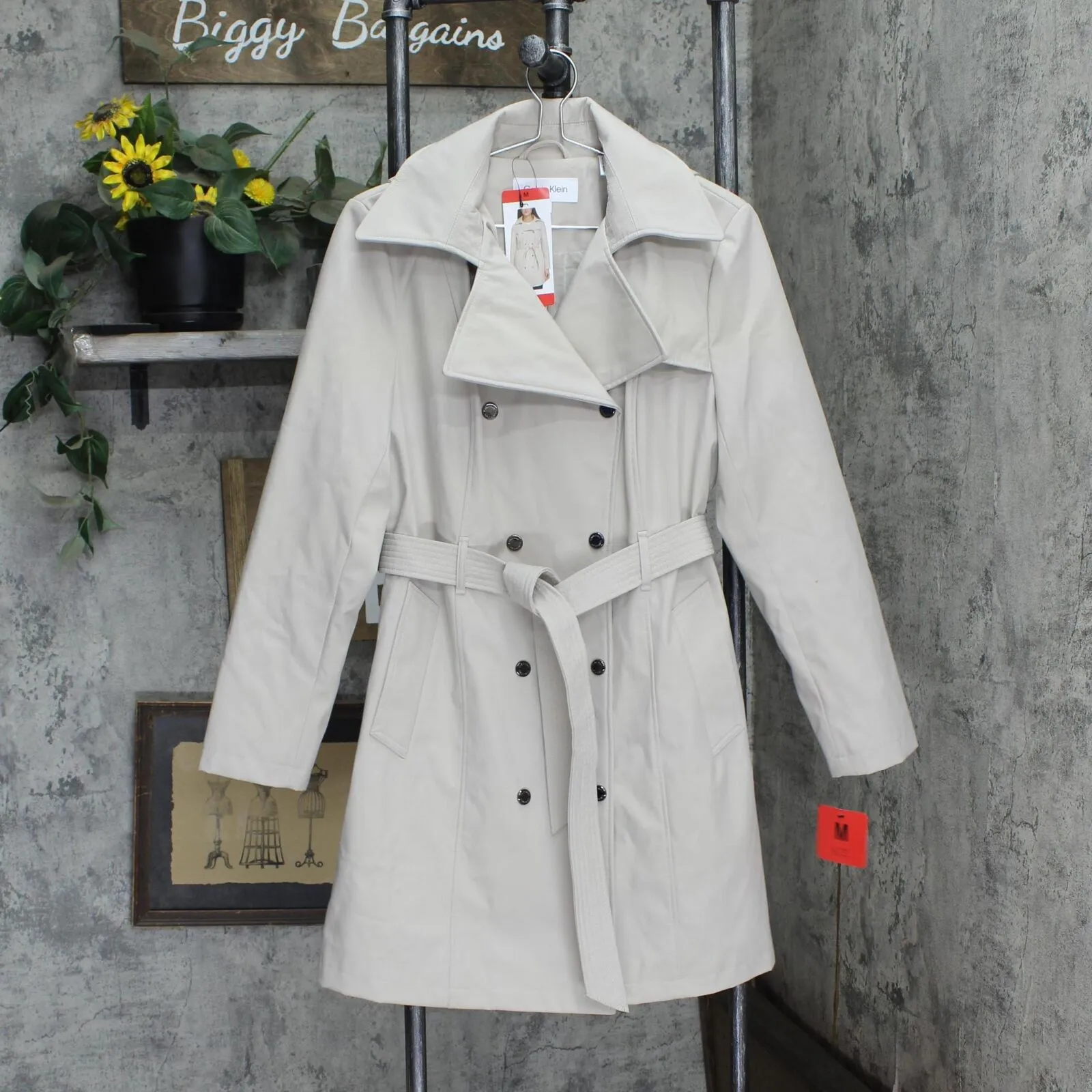 Calvin Klein Women's Trench Coat Belted Jacket Detachable Hood Tan Brown M