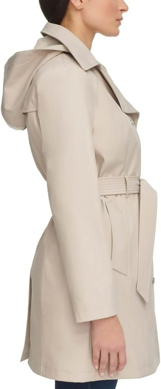 Calvin Klein Women's Trench Coat Belted Jacket Detachable Hood Tan Brown M