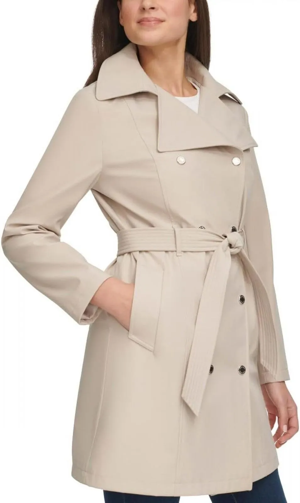Calvin Klein Women's Trench Coat Belted Jacket Detachable Hood Tan Brown M