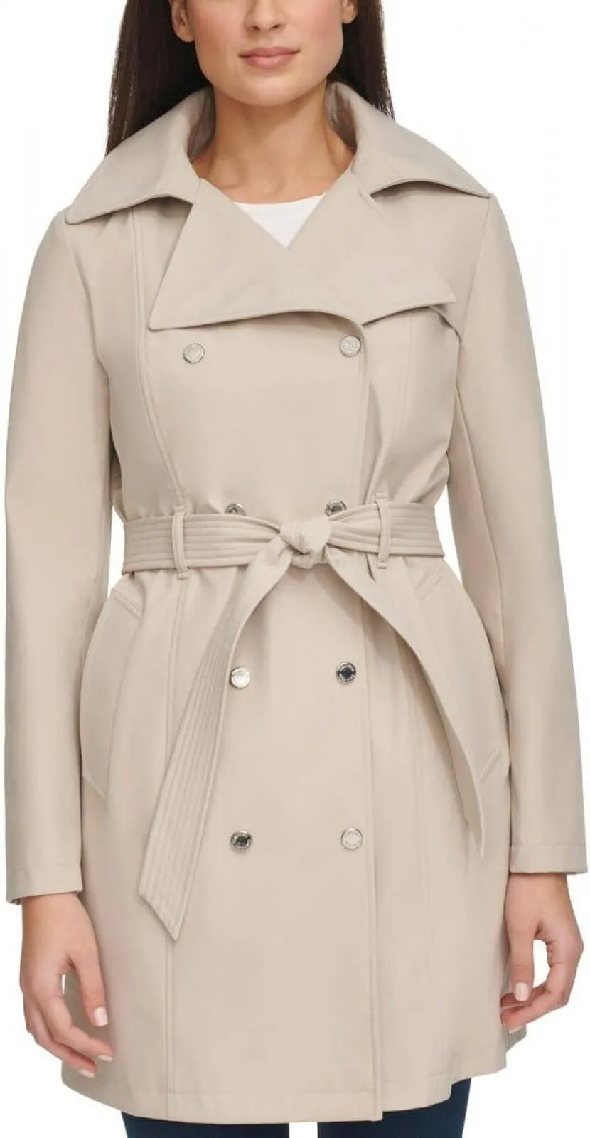 Calvin Klein Women's Trench Coat Belted Jacket Detachable Hood Tan Brown M