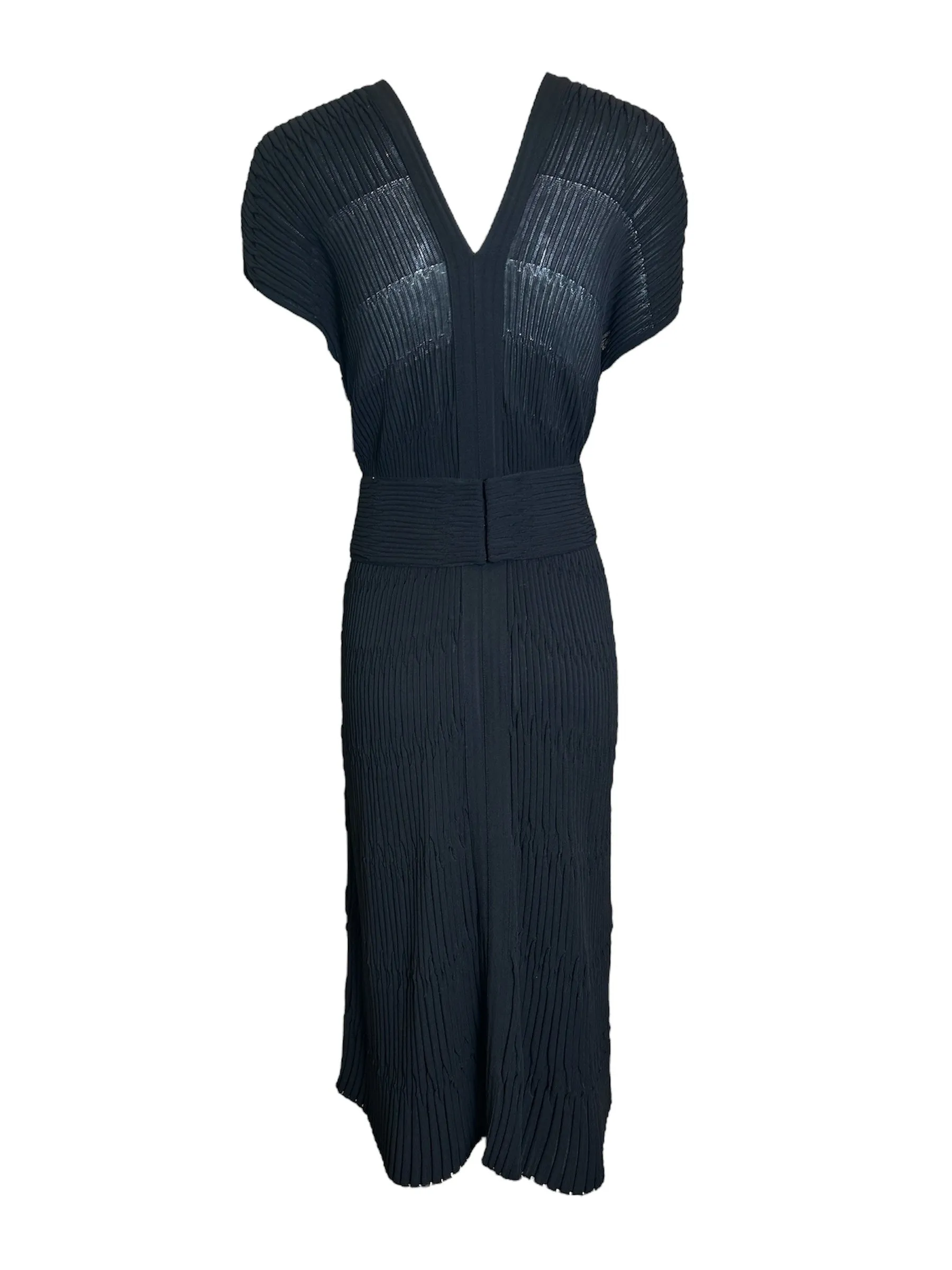 CHANEL Black Pleated Bodycon Full Length Dress   Belt