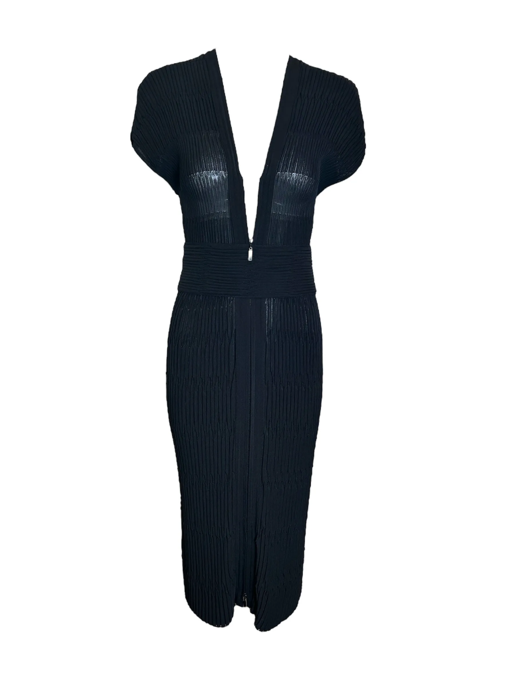 CHANEL Black Pleated Bodycon Full Length Dress   Belt