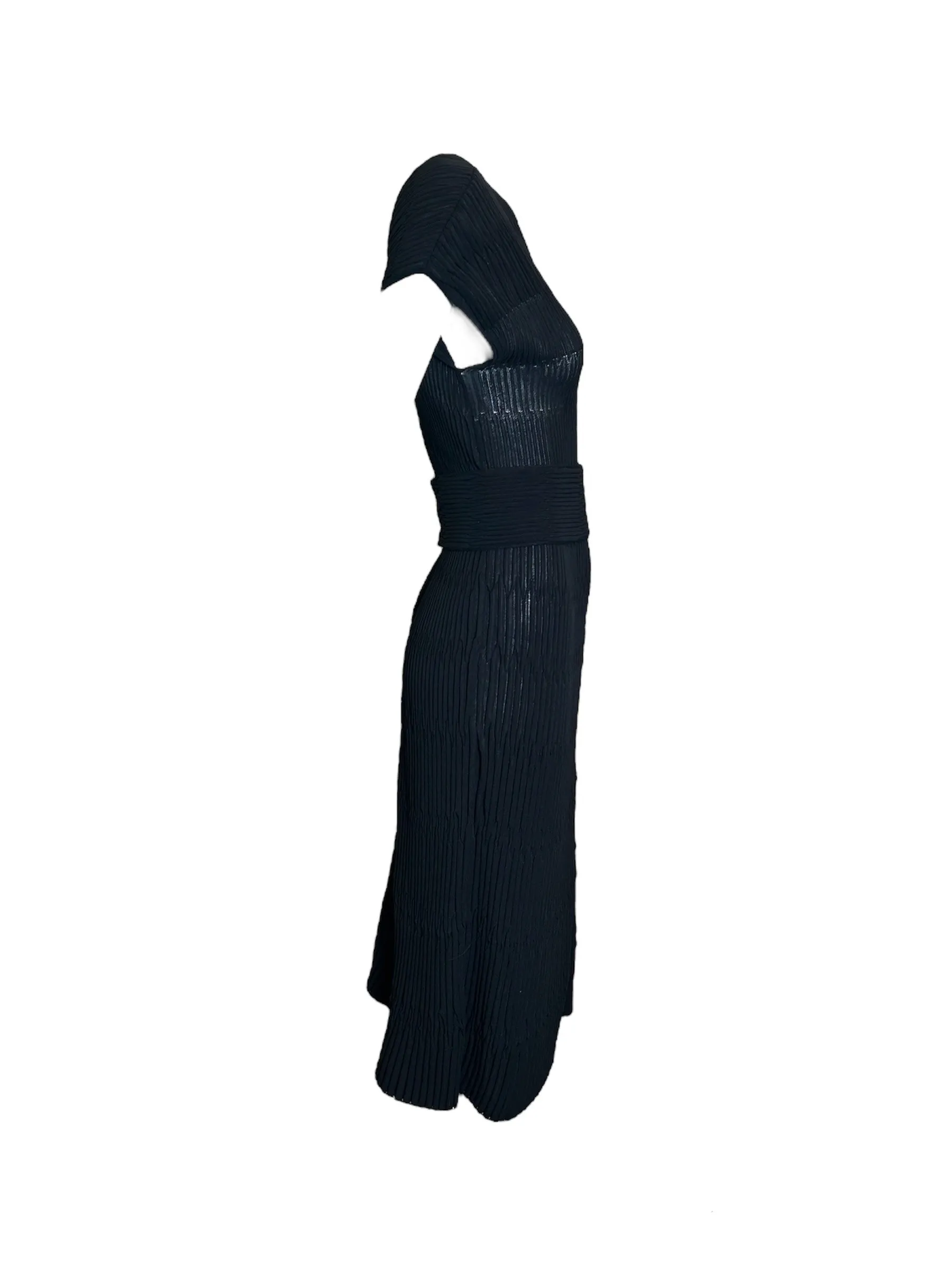 CHANEL Black Pleated Bodycon Full Length Dress   Belt