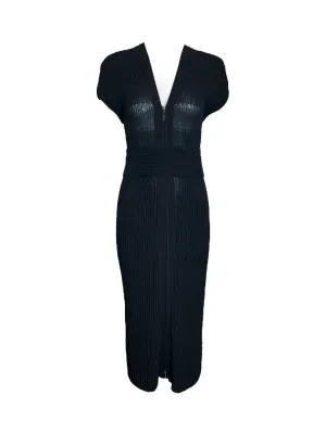 CHANEL Black Pleated Bodycon Full Length Dress   Belt
